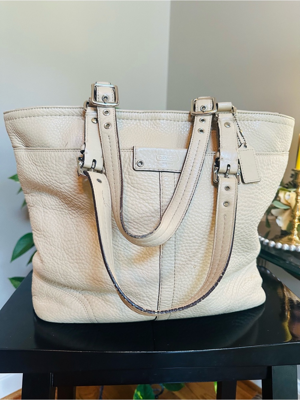 Coach Hamilton Shoulder Cream Pebbled Leather Tote Bag with Dual Straps